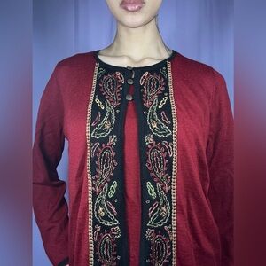 Koret Westminster Red Embroidered Paisley Long Sleeve Cardigan Sweater Size S